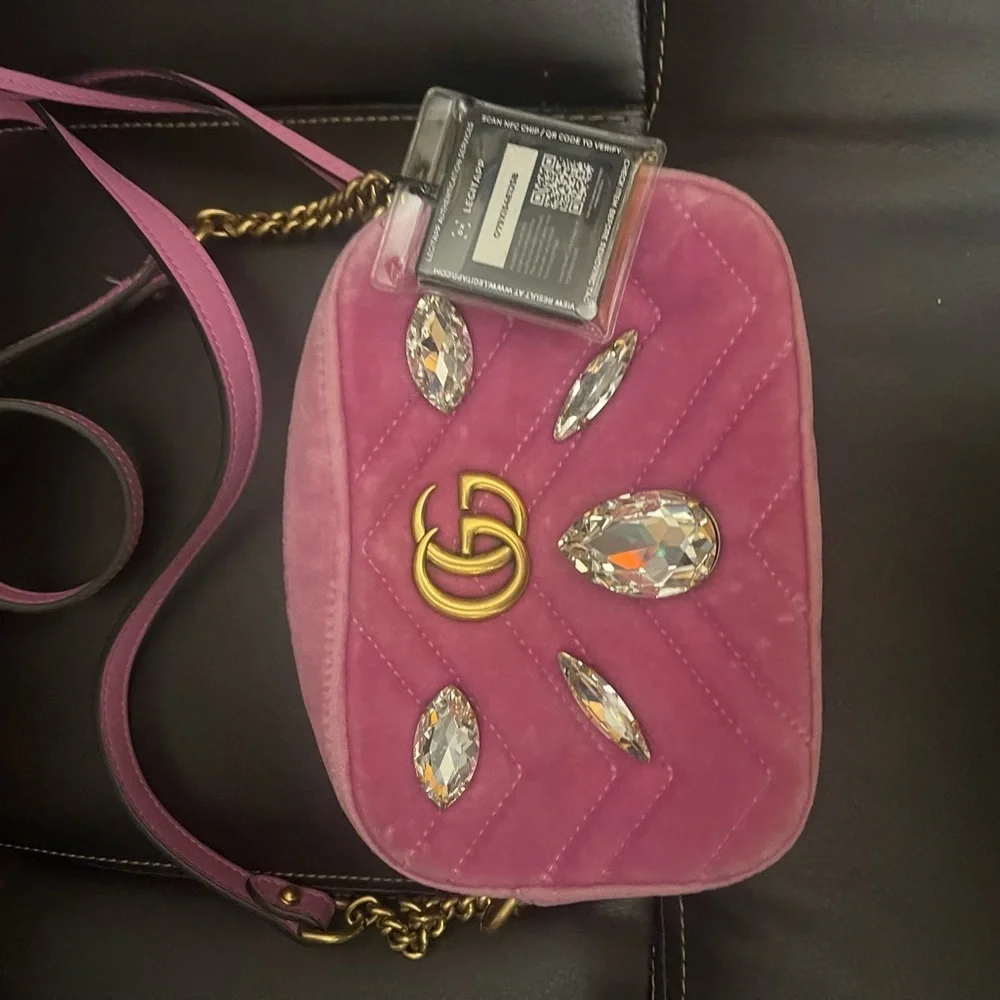 Gucci Pink Velvet Marmont Mini Crossbody Bag with Gold and Crystal Details